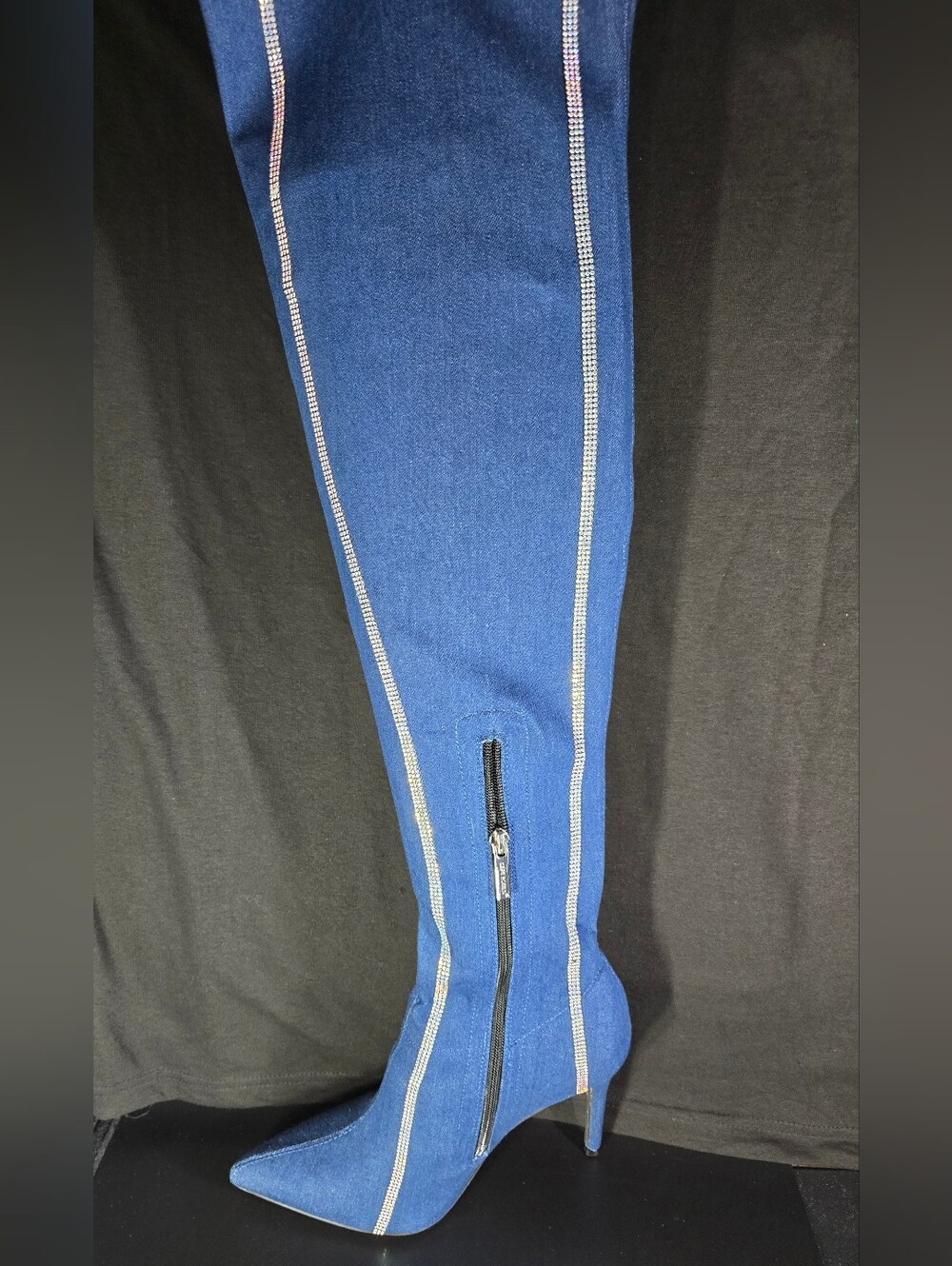Hidenim Rhinestone Thigh High Stiletto Boots - Denim - Picture 5 of 9